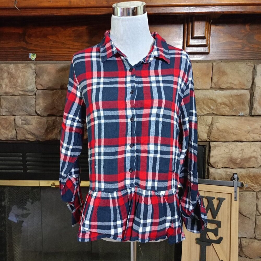 Japna Plaid Long Sleeve Button Down Blouse Top Ruffle Multicolored Juniors Sz XL